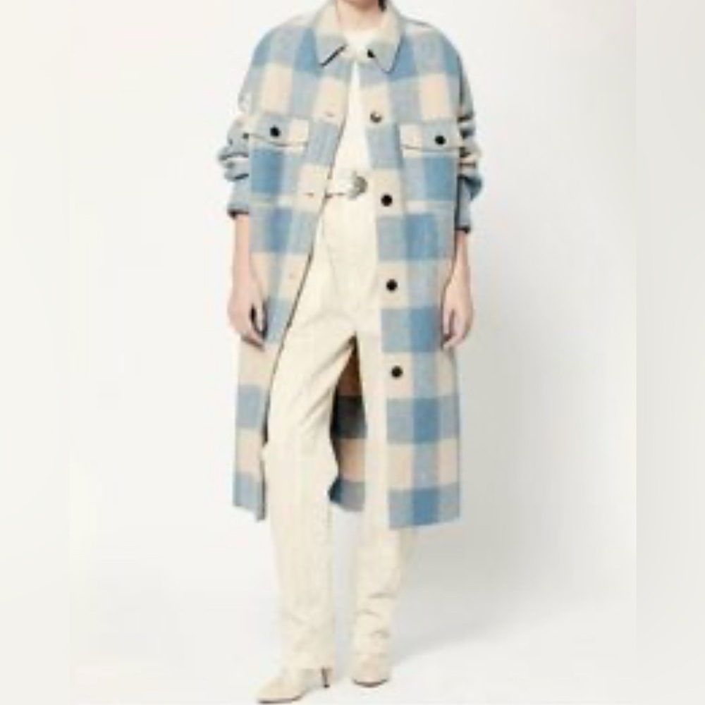 Isabel Marant Etoile Fontizi Plaid Light Blue and Cream Oversized Coat T1 - Picture 11 of 12